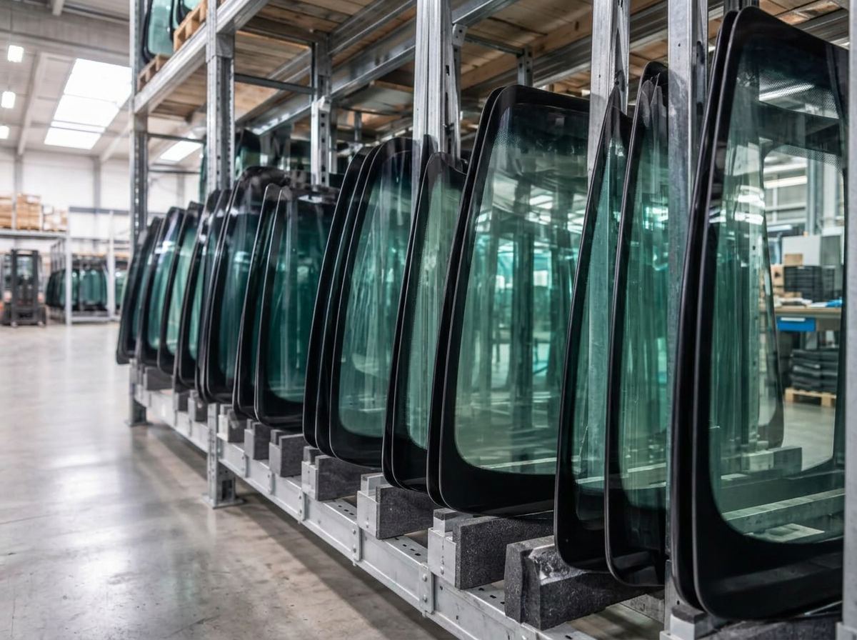Imagem ilustrativa de vidros automotivos organizados para distribuição
